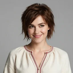 a beautiful woman, beauty, high cheek bones, half onesided smile, mischievous, bard, brown hair, messy hairstyle, short hair, cream colored peasant shirt, brown pants, leather boots, dark green cloak, round hood, elf ears, youthful, white background, proportionate, by Greg Rutkowski and Tony Sart, trending on artstation, realistic, highly detailed, masterpiece