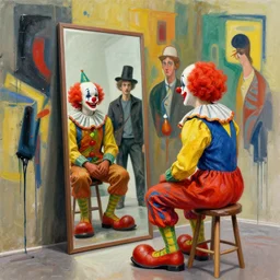 clown sitting on a stool looking into a mirror by beeple and vincent lefevre and hernan bas and hilma af klint, abstract background, psychological, dripping paint, high quality render, masterpiece