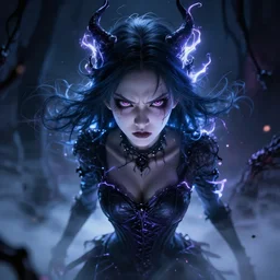 photorealistic full shot of masterpiece angry darkness anime girl, beautifull lovely eyes, electric aura with particles, darkness background, inspired by tim burton, detailed, unreal engine 4 k, volumetric light, fog
