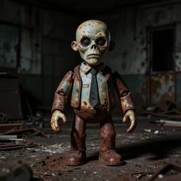 Creepy Mr Monopoly animatronic, rusted and abandoned, far away, dark, ominous lighting