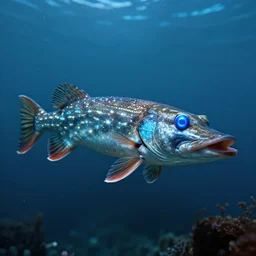 pike fish with glowing blue eyes, cybernetic, electronic, glowing veins subsurface scattering, deep sea underwater photography, by gerald brom, by mikhail vrubel, by peter elson, muted colors, extreme detail, trending on artstation, 8 k