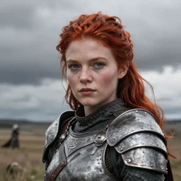 north female warrior, red hair, ginger hair, fantasy, high detailed, photography, cloudy, lightweight armor, Scandinavia, plain, Authentic, detailed face, cute face, model, glowing skin, blue eyes, professional photographer, masterpiece, 8k, 3D