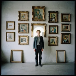 kodak portra 4 0 0, 8 k, frog's - eye view, wide flashlight shot of a highly detailed, britt marling style, colour still - life portrait of a large minimalistic room, rough concrete walls, full of square baroque picture frames and square picasso paintings in baroque picture frames,
