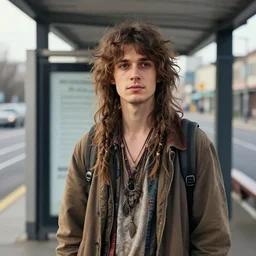 young hippy on bus station masterpiece by jim burns cheng hsiao - ron detailed ultrarealistic