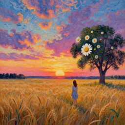 daisy face, full body, girl watching sunset, empty wheat field, surreal photography, colorful clouds, tree, impressionist painting, colorful clouds, digital painting, pointillism, artstation, simon stalenhag