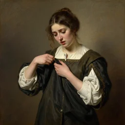 painting by Edmund Blair Leighton of a confused beautiful young woman in medieval clothes who is pulling her clothes, she is looking down at her clothes,  confused expression, pulling her clothes with her hands