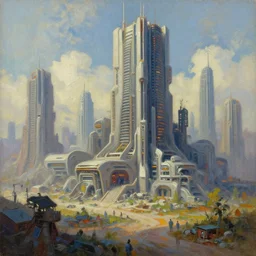 Beautiful City, futuristic brutalism solarpunk, oil painting
