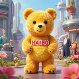 portrait of haribo bear in future city, color and shape focus, central composition, natural light, bloom, puff, by simon stalenhag and rene magritte and anton fadeev