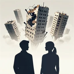 a poster with a bunch of ruined flying buildings in the background. two people silhouettes can be seen standing on the rubble in the foreground. the sky is bright red, detailed sharp smoke clouds are in the distance. by satoshi kon, featured on pixiv, underground comix, official art, poster art.