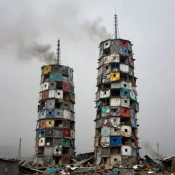 two towers, made up of makeshift squatter shacks with faded colours, apocalyptic sky, uneven fog, dystopia, mamiya rb 6 7, fully frontal view, ultra sharp, very detailed, photographed by julie blackmon