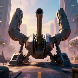 a film still from elysium by james paick - a highly symmetrical armoured futuristic military cannon guards a public in a city, vibrant, 5 0 mm lens, video game environment design, behance hd, evening, hazy atmospherics, dramatic lighting, cinematic, global illumination, deviant art, trending on artstation, bloom