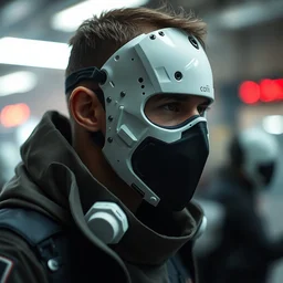 a half masked laboratory engineer man with cybernetic enhancements seen from a distance, scifi character portrait by greg rutkowski, craig mullins, 1 / 4 headshot, cinematic lighting, dystopian scifi outfit, profile picture, mechanical, cyborg, half robot