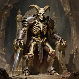 One spiked horned semiork-semihuman skeleton with armored joints stands in a large cavernous throne room with sword in hand. Massive shoulderplates, boots, knees. Skull. Extremely high detail, realistic, fantasy art, solo, masterpiece, bones, ripped flesh, saturated colors, art by Zdzisław Beksiński, Arthur Rackham, Dariusz Zawadzki