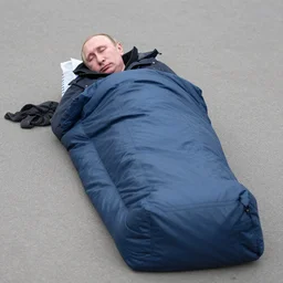 a homeless man who looks like putin sleeping in a sleeping bag on the pavement.