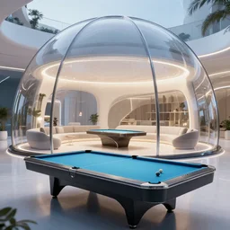 A pool and a table tennis table inside a futuristic lounge in a glass dome, designed by zaha hadid, octane render, ray tracing, 8k resolution, sharp