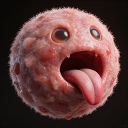Gooey Oily, Gross and Disgusting stunning orbiting Giant fleshy meatball with a tongue sticking out of its mouth. 4D render, soft render, hairy meatball, surreal food by Greg Rutkowsi and Stefan Koidl, artstation