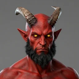 a upper boddy portrait d & d style male tiefling, with red skin, completely golden eyes, and a black beard, with 2 horns protruding out of his forehead which curve back, one is broken at a quarter of the length of the other, octane render, unreal engine 6, conceptual art, ray tracing