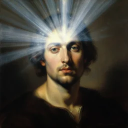 painting portrait of a person with a bright light beam emanating rays of light instead of their head, matte painting, masterpiece, by Caravaggio