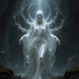 faceless, shaman, cultist, lovecraftian, surreal, shrouded figure, powerful being, plant spirit, fractal entity, spirit guide, light being, pearlescent, shiny, glowing, ascending