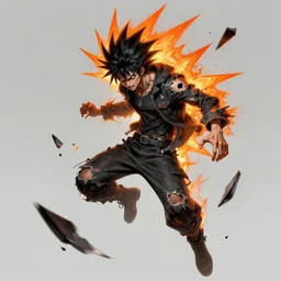 a mad guy with spike black hair, orange spike aura in motion, damaged clothes, floating pieces, painted by sylvain sarrailh, trending on artstation