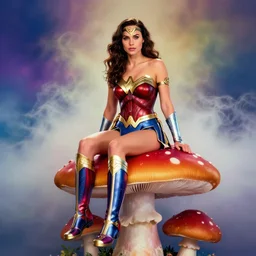 annie leibovitz photoshoot of gal gadot as wonder woman, sitting on a giant mushroom, vibrant colors, atmospheric, mist, magical, fantasy, studio lighting, soft focus