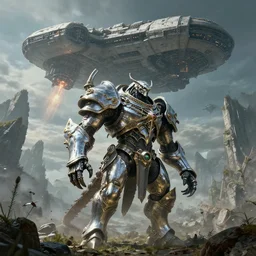 highly detailed elden ring portrait photo of a huge chrome plated mumakil in scenic dystopian environment. an even bigger massive mothership spacecraft lifts off in the background, hyperrealistic illustration by william didier - pouget