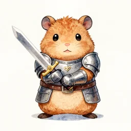 hamster warrior, wearing armor, holding sword, watercolor painting