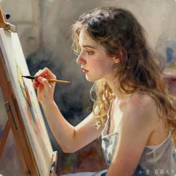 painter girl painting on a canvas water colour painting