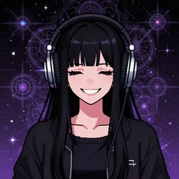 anime girl wearing headphones, 笑 顔, 狂 気, hardcore techno, electronic music, esoteric fractal glitchy background, dark and gothic, brutal, pixel art, somber, stylized, in the style of manga, japanese, artstation, noisy, vhs glitch, expired film, amazing composition, monochrome, black and white, posterized, 4 k