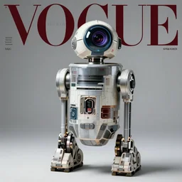 medical droid from star wars fashion. studio photo. vogue magazine cover with text. highly detailed