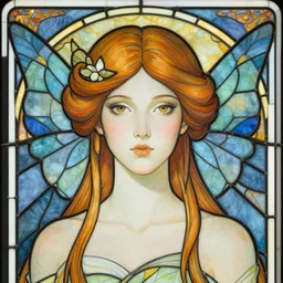 head-on symmetrical centered painted portrait,  female fae, art nouveau, tarot card style, stained glass wings, fantasy, intricate, elegant, highly detailed, smooth, sharp focus, illustration, artstation, in the style of Artgerm and Anna Podedworna and Alex Ross and Mucha