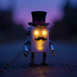 tiny robot in the dark, hrd, hyperrealistic, hyper detailed, tiny, lights, yellow, purple, blue, top hat, moustache, dusk
