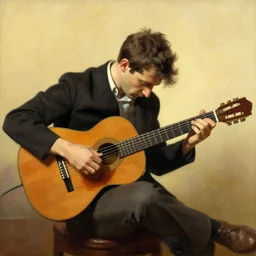 A man playing guitar while sitting down, drooping his neck, a warm palette, by Pablo Picasso, by Norman Rockwell