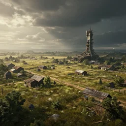 Post apocalyptic farm in futuristic Iowa, dramatic lighting, cinematic, establishing shot, extremely high detail, photorealistic, cinematic lighting, post-processed, concept art, artstation, matte painting, style by eddie mendoza, raphael lacoste, alex ross