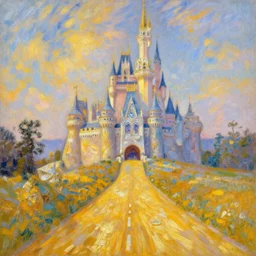 a golden road leading to a diamond castle painting by claude monet but as photography, highly detailed, golden hour