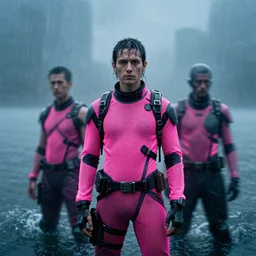 cinestill hasselblad candid photographic portrait by robert capas of cyberpunks wearing rugged neon pink mesh techwear in treacherous waters, wideangle, extreme motion blur, modern cyberpunk moody depressing cinematic, pouring rain, 8 k, hd, high resolution, 3 5 mm, f / 3 2, ultra realistic faces, ex machina