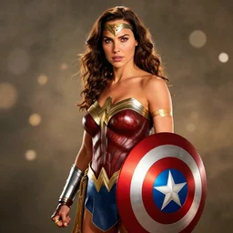 A studio photo of Gal Gadot  as Wonder Woman holding Captain America’s Shield, bokeh, 90mm, f/1.4 Shot in the Style of Mario Testino