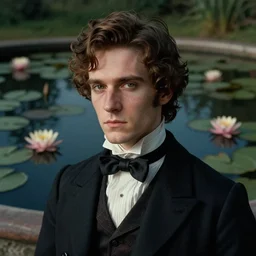 detailed cinematic moody colors studio portrait of a young victorian gentleman in a beautiful victorian water pond, water lilies, high quality by jeremy mann, only one head single portrait