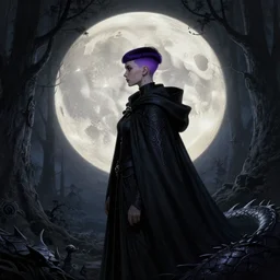 big giant moon in the background, side portrait dark witch, witch outfit large cloak, fantasy forest landscape, dragon scales, fantasy magic, undercut hairstyle, short purple black fade hair, dark light night, intricate, elegant, sharp focus, illustration, highly detailed, digital painting, concept art, matte, art by wlop and artgerm and greg rutkowski and alphonse mucha, masterpiece