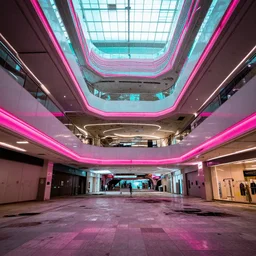 high contrast photo of abandoned mall with bright pink and turquoise neon lights, wide angle lens