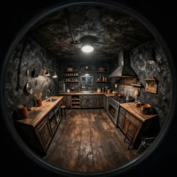 macro lens, bokeh, underground basement, dark dark dark walls, fisheye spiral, naive, extra narrow, detailed illustration of a kitchen, large floor, by gediminas pranckevicius, trending artstation, tavern