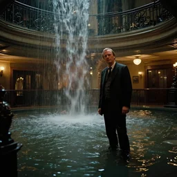 david fincher, victorian hotel foyer flooded, waterfall, angle standing in the water, dimly lit, moody, atmospheric