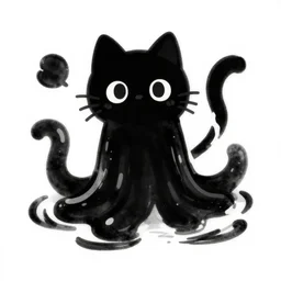 a cute digital art of black ink slime in form of liquid black cat with tentacles , cartoon sticker illustration , dnd slime art