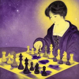 chess set, carmen kass, very small number of people, mary stevenson cassatt, ukiyo - e, galactic yellow violet colors