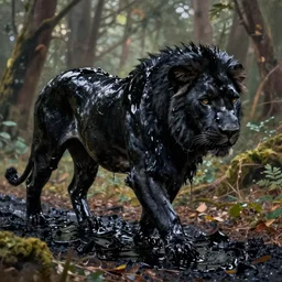 a black lioness, made of smooth black goo, prowling through the forest, viscous, sticky, full of tar, covered with black goo. concept art, painting, animal drawing, color, savanna, wildlife photography, black goo, cinematic, in the style of cory loftis
