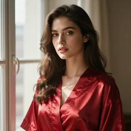a stunning brunette, wearing a silky red robe, sunlight shining through, standing near a window, closeup, cinematic, by wlop