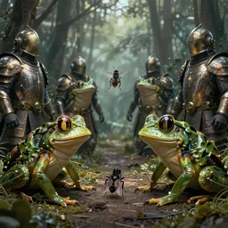 the council of armored frogs betrays a fly, wide scene, foreboding, professional digital painting, 4k