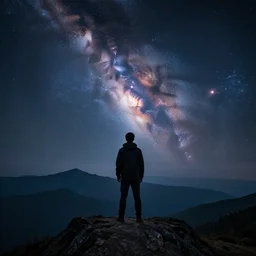 a man staring in to the distant universe on a mountain, art, high definition, high detail, 8k