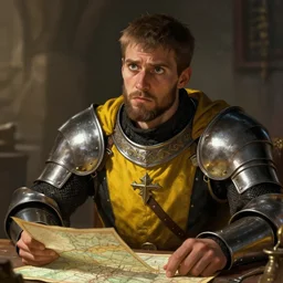 Closeup of frustrated male medieval sergeant with a {short} beard wearing a black!!!! and yellow tabard over a steel breastplate and a black gambeson looking up from a map on a table, intricate, dramatic lighting illustration by Greg Rutkowski, ArtStation, digital art, fantasy