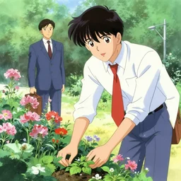 salary man tending to his garden before going to work, directed by beat takeshi, visual novel cg, 8 0 s anime vibe, kimagure orange road, maison ikkoku, sketch by osamu tezuka, directed by makoto shinkai and beat takeshi
